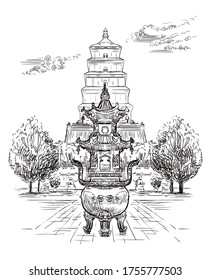 Big Wild Goose Pagoda, Buddhist pagoda in southern Xi'an, Shaanxi province, landmark of China. Hand drawn vector sketch illustration in black color isolated on white background. China travel Concept.