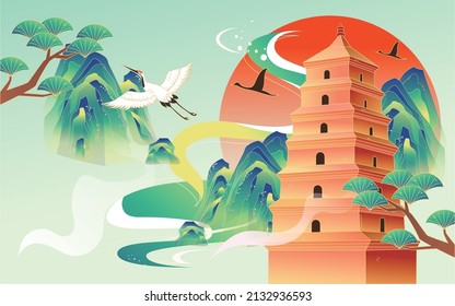 Big Wild Goose Pagoda in Xi'an, ancient building, landmark, vector illustration