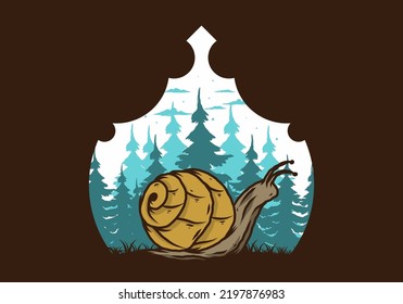 Big wild snail creeping in the forest illustration design