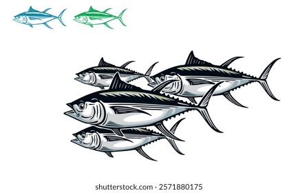 big wild tuna swimming in sea logo, silhouette of great bluefin vector illustrations