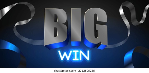 Big Win 3D metálico e texto de néon no fundo escuro com fitas elegantes. Perfeito para banners ou designs de jogos. Ilustração vetorial