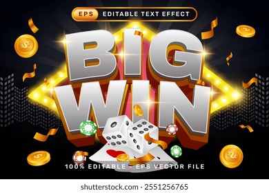 big win 3d text effect and editable text effect with a black background and gambling illustrations