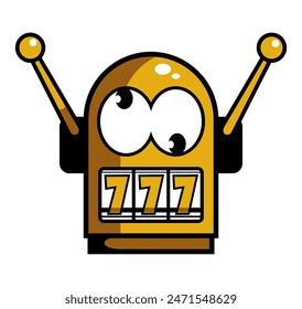 Big win 777 lottery vector casino concept with robot head slot machine. Cartoon style illustration. Isolated on white background.