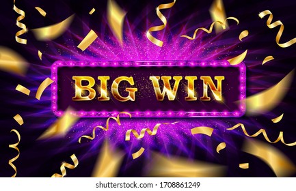 Big win banner. Big win congratulations frame, golden win congratulating framed sign and winning gold confetti. Surprise winning, achievement or prize gift notification poster vector illustration