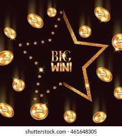 Big win banner with falling coins and star shaped frame. Vector illustration