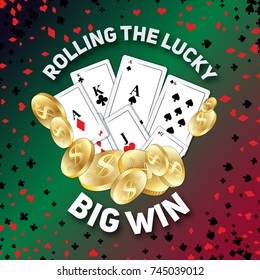 Big Win banner or flyer for online casino, poker, roulette, slot machines, card games. Elements for gambling