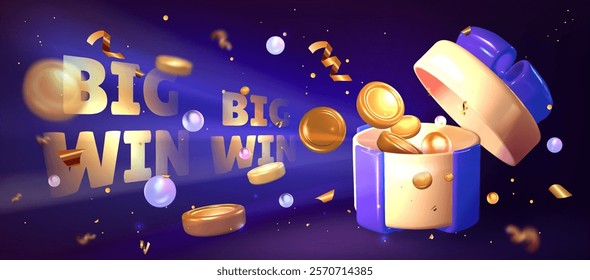 Big win banner with gift box and money on dark blue background. Vector realistic illustration of open round box with ribbon bow, golden coins, confetti and streamer flying, banner with burst effect