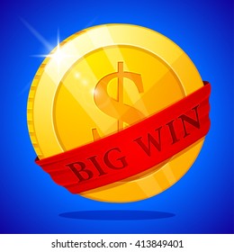 Big Win banner with gold coin and red ribbon. 