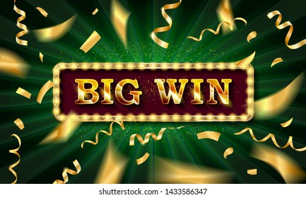 Big win banner illuminated by spotlights with confetti. Vector illustration.