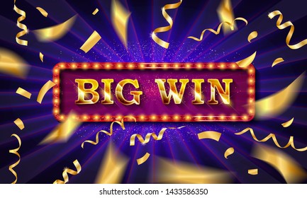 Big win banner illuminated by spotlights with confetti. Vector illustration.