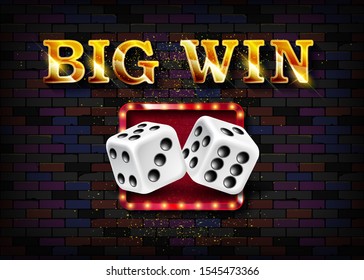 Big Win banner for online casino, poker, roulette, slot machines, card games. Against a vintage brick wall. Vector illustrator.