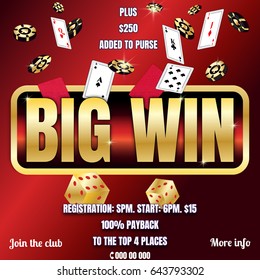 Big Win banner for online casino, poker, roulette, slot machines, card games. Elements for gambling