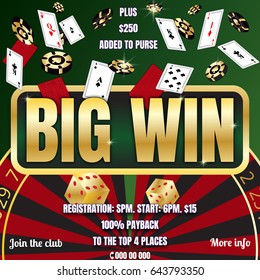 Big Win banner for online casino, poker, roulette, slot machines, card games. Elements for gambling