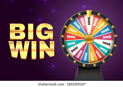 Big win banner. Realistic colorful lottery wheel. Twisting circle for raffling prizes on starry background. Gambling and promotion. Advertising casino or television show poster, vector jackpot