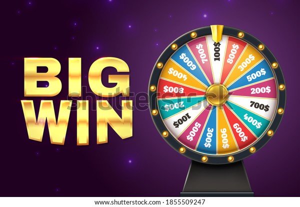 Big win banner. Realistic colorful lottery wheel.\
Twisting circle for raffling prizes on starry background. Gambling\
and promotion. Advertising casino or television show poster, vector\
jackpot