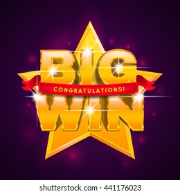 BIG WIN banner with ribbon for online casino, poker, roulette, slot machines, card games.