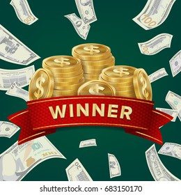 Big Win Billboard For Casino. Winner Sign. Jackpot Prize Design. Coins background. 