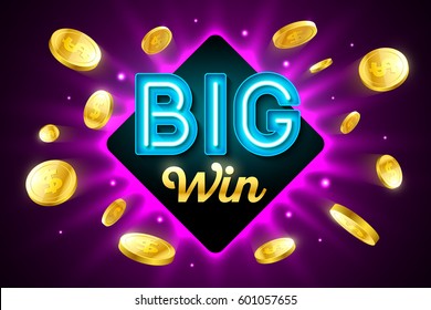 Big Win bright casino banner with big win inscription sign on bright green background and explosion of cold coins flying around, vector illustration