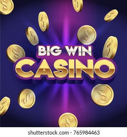 Big win casino banner, 3d text sign, with falling golden coins in the background