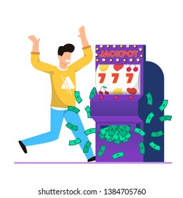 Big Win in Casino Slot Machine Cartoon Vector. Guy Exults and Rejoices at Big Money Winnings. On Screen Gaming Machine Fell Three Sevens. Lot Money Bills Falls Out Machine, Jackpot.