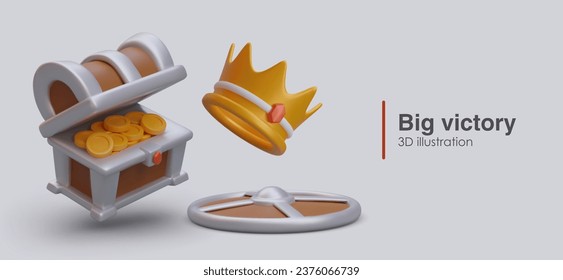 Big win concept. Vector round shield, golden crown, chest full of coins. Game illustrations in cartoon style. Battle reward. Symbol of virtual victory