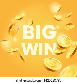 Big win concept.Luck,success, winner.Realistic Gold coins explosion.falling coins.light,colorfull background