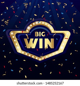 Big Win Congratulations Frame, Golden Congratulating Framed Sign With Gold Confetti. Winner Banner. Winners Lottery Game Jackpot Prize Logo Vector Background Illustration.