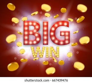 Big Win gambling games banner with big win inscription and gold explosion of coins. Vector illustration