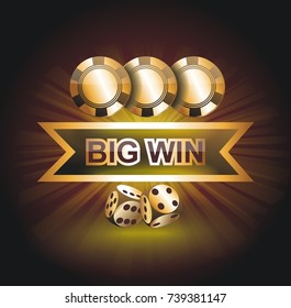 Big Win gold sign for online casino, poker, roulette, slot machines, card games. Vector design template.