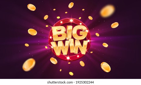 Big win gold text on retro red board vector banner. Win congratulations in frame illustration for casino or online games. Explosion coins  on purple background. - Shutterstock ID 1925302244