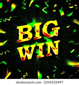 Big win gold text on retro red board vector banner. Win congratulations in frame illustration for casino or online games. Explosion coins on purple background.. Vector illustration