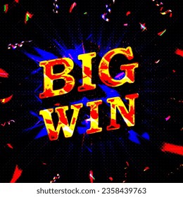Big win gold text on retro red board vector banner. Win congratulations in frame illustration for casino or online games. Explosion coins on purple background.
