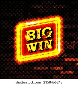 Big win gold text on retro red board vector banner. Win congratulations in frame illustration for casino or online games. Explosion coins on purple background.