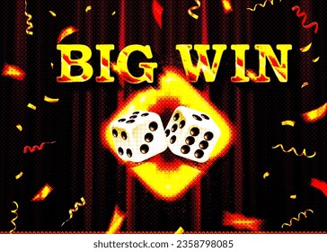 Big win gold text on retro red board vector banner. Win congratulations in frame illustration for casino or online games. Explosion coins on purple background.