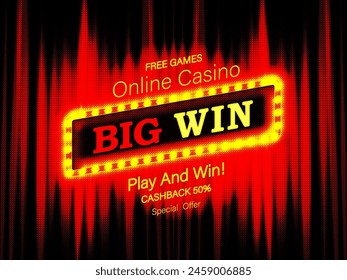 Big win gold text on retro red board vector banner. Win congratulations in frame illustration for casino or online games. Explosion coins on purple background.