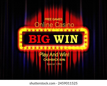 Big win gold text on retro red board vector banner. Win congratulations in frame illustration for casino or online games. Explosion coins on purple background.