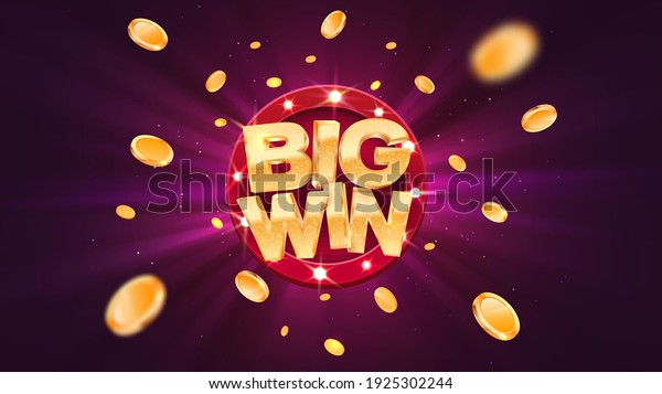 Big win gold text on retro red\
board vector banner. Win congratulations in frame illustration for\
casino or online games. Explosion coins  on purple\
background.