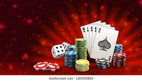 Big win illustration banner on red background. Online Jackpot casino poker game. Chips, playing card, dice. Marketing Luxury Banner Jackpot Online Casino game poker play now poster