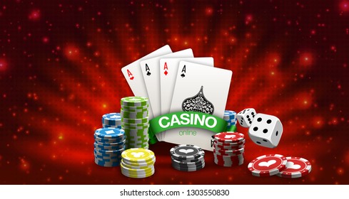 Big win illustration banner on red background. Online Jackpot casino poker game. Chips, playing card, dice. Marketing Luxury Banner Jackpot Online Casino game poker play now poster