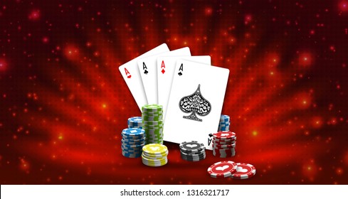 Big win illustration banner on red background. Online Jackpot casino poker game. Chips, playing card, dice. Marketing Luxury Banner Jackpot Online Casino game poker play now poster