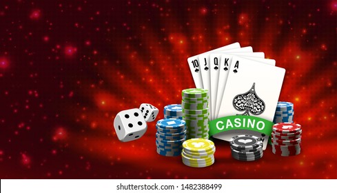 Big win illustration banner on red background. Online Jackpot casino poker game. Chips, playing card, dice. Marketing Luxury Banner Jackpot Online Casino game poker play now poster