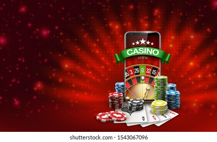 Big win illustration banner on red. Online Jackpot casino roulette in mobile phone. Chips, playing card, dice. Marketing Luxury Banner Jackpot Online Casino game roulette in Smartphone play now poster