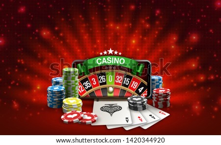 Big win illustration banner on red. Online Jackpot casino roulette in mobile phone. Chips, playing card, dice. Marketing Luxury Banner Jackpot Online Casino game roulette in Smartphone play now poster