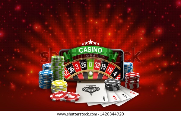 Big win illustration banner on red. Online Jackpot\
casino roulette in mobile phone. Chips, playing card, dice.\
Marketing Luxury Banner Jackpot Online Casino game roulette in\
Smartphone play now poster