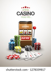 big win illustration Online Jackpot casino Slot machine banner in mobile phone. Chips, playing card, dice. Marketing Luxury Banner Jackpot Online Casino game Slot-machine in Smartphone play now poster