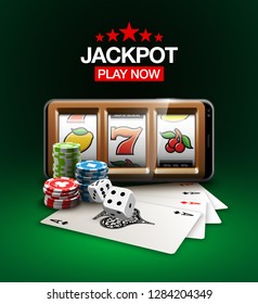 big win illustration Online Jackpot casino Slot machine banner in mobile phone. Chips, playing card, dice. Marketing Luxury Banner Jackpot Online Casino game Slot-machine in Smartphone play now poster