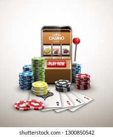 big win illustration Online Jackpot casino Slot machine banner in mobile phone. Chips, playing card, dice. Marketing Luxury Banner Jackpot Online Casino game Slot-machine in Smartphone play now poster