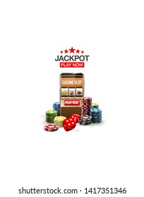 big win illustration Online Jackpot casino Slot machine banner in mobile phone. Chips, playing card, dice. Marketing Luxury Banner Jackpot Online Casino game Slot-machine in Smartphone play now poster