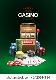 big win illustration Online Jackpot casino Slot machine banner in mobile phone. Chips, playing card, dice. Marketing Luxury Banner Jackpot Online Casino game Slot-machine in Smartphone play now poster