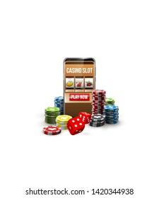 big win illustration Online Jackpot casino Slot machine banner in mobile phone. Chips, playing card, dice. Marketing Luxury Banner Jackpot Online Casino game Slot-machine in Smartphone play now poster